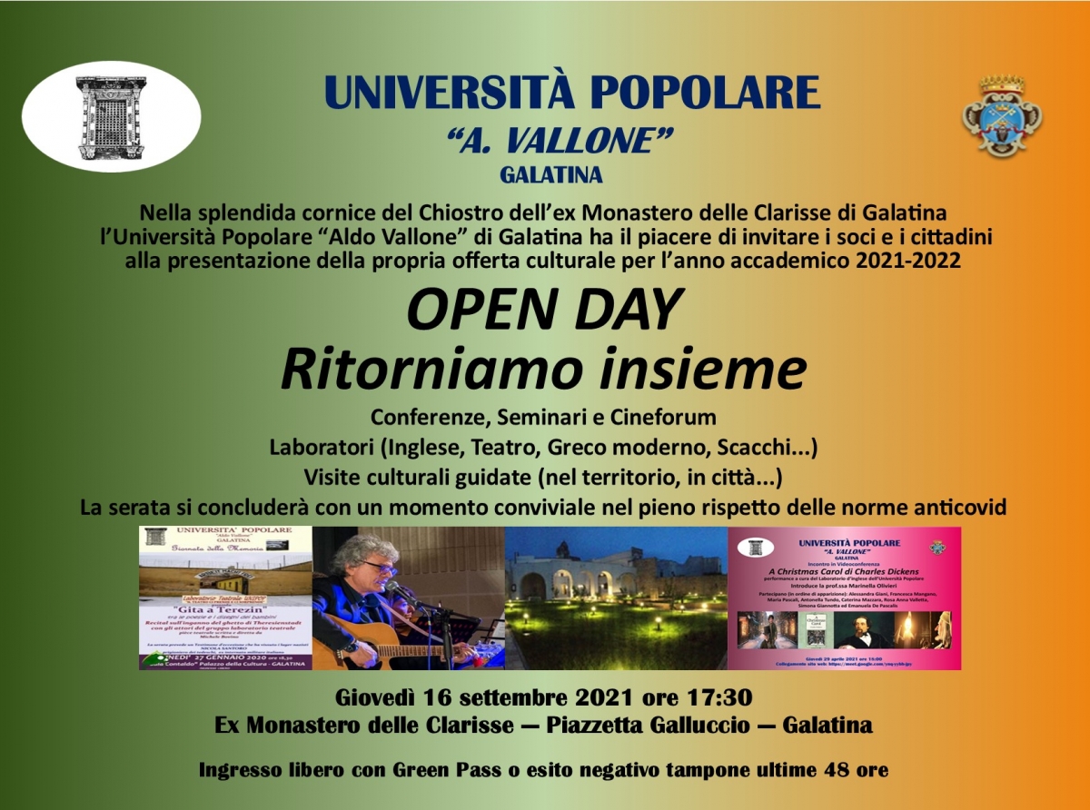 Oggi a Galatina presso il Monastero delle Clarisse Open Day dellUNIPOP Vallone