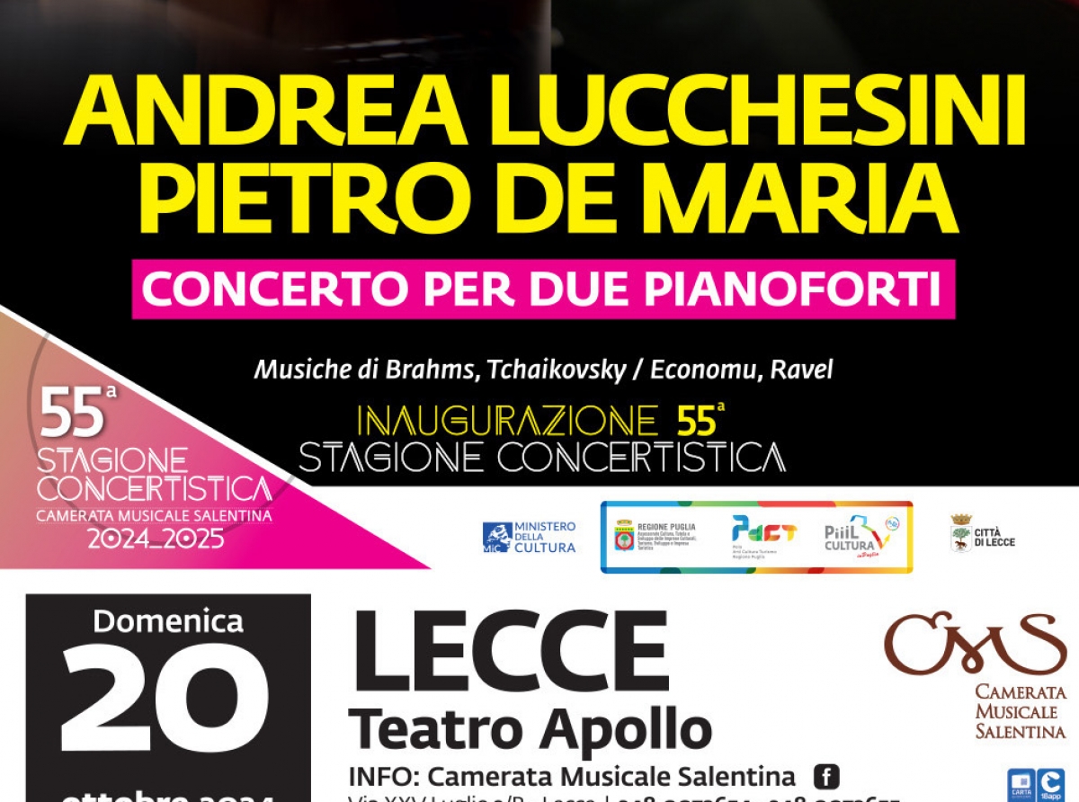 Al via domenica 20 ottobre presso il Teatro Apollo di Lecce la 55^ Stagione Concertistica della Camerata Musicale Salentina